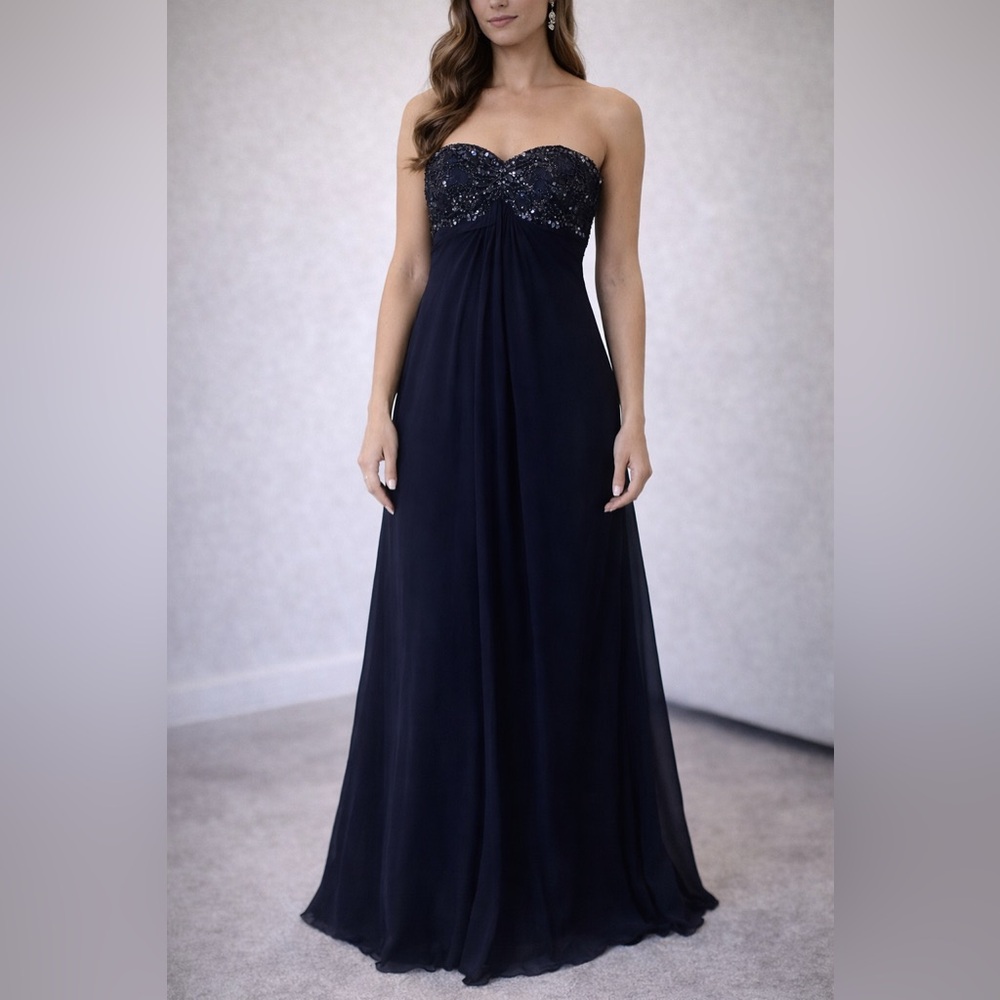 Tadashi Collection Strapless Beaded Chiffon Gown Navy Blue Size 10